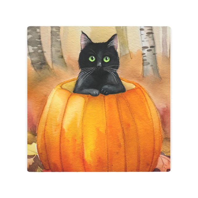 水彩黒猫カボチャ秋の森館 メタルプリント (正面)