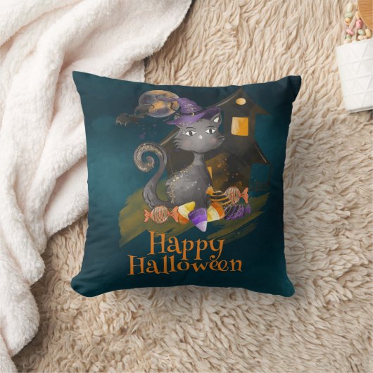 水彩黒猫キャンディ付きハロウィーン クッション (ブランケット)