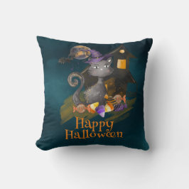 水彩黒猫キャンディ付きハロウィーン クッション