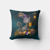 水彩黒猫キャンディ付きハロウィーン クッション (正面)