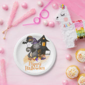水彩黒猫キャンディ付きハロウィーン ペーパープレート (パーティー)