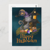 水彩黒猫キャンディ付きハロウィーン ポストカード (正面/裏面)