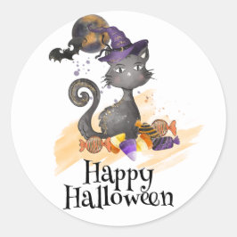 水彩黒猫キャンディ付きハロウィーン ラウンドシール