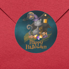 水彩黒猫キャンディ付きハロウィーン ラウンドシール