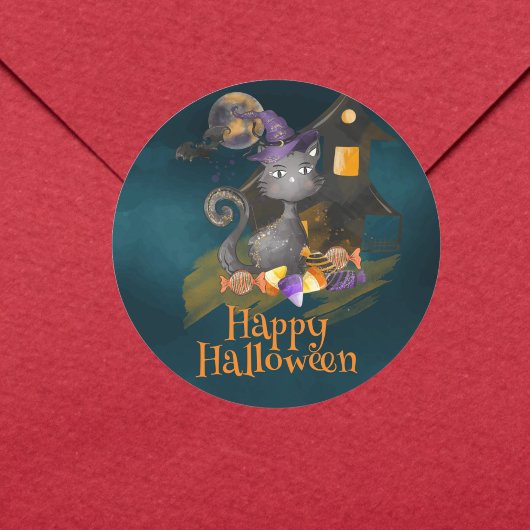 水彩黒猫キャンディ付きハロウィーン ラウンドシール