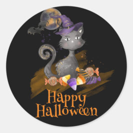 水彩黒猫キャンディ付きハロウィーン ラウンドシール