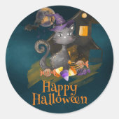 水彩黒猫キャンディ付きハロウィーン ラウンドシール (正面)