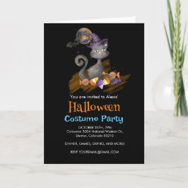 水彩黒猫キャンディ付きハロウィーン 招待状