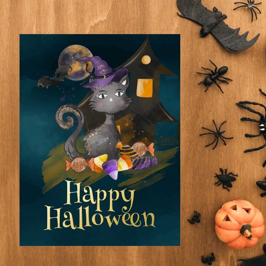水彩黒猫キャンディ付きハロウィーン 箔シーズンポストカード