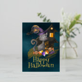 水彩黒猫キャンディ付きハロウィーン 箔シーズンポストカード (立ち正面)
