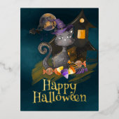 水彩黒猫キャンディ付きハロウィーン 箔シーズンポストカード (正面)