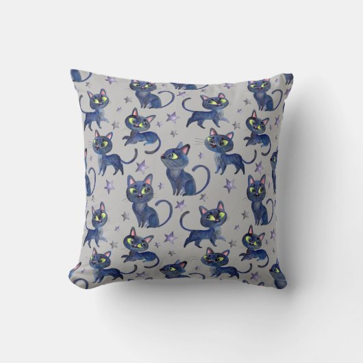 水彩黒猫ハロウィンイラストレーション クッション (正面)