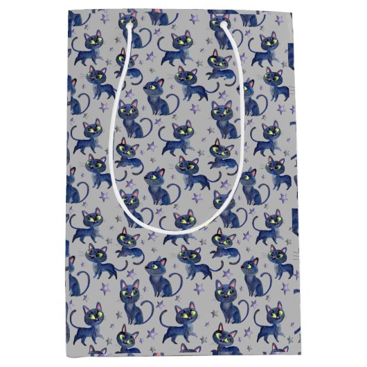 水彩黒猫ハロウィンイラストレーション ミディアムペーパーバッグ (正面)