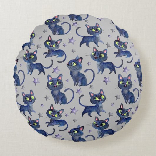 水彩黒猫ハロウィンイラストレーション ラウンドクッション (正面)