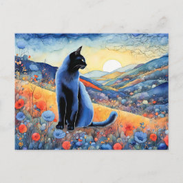 水彩黒猫inサンセットヒルズ ポストカード