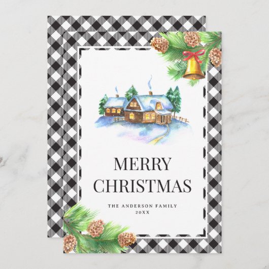水彩黒白の格子模様クリスマス シーズンカード (正面/裏面)