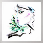 水彩黒緑ファッション絵を描フローラ ポスター (正面)