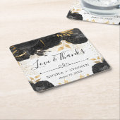 水彩黒花と金ゴールド結婚花 スクエアペーパーコースター (アングル)