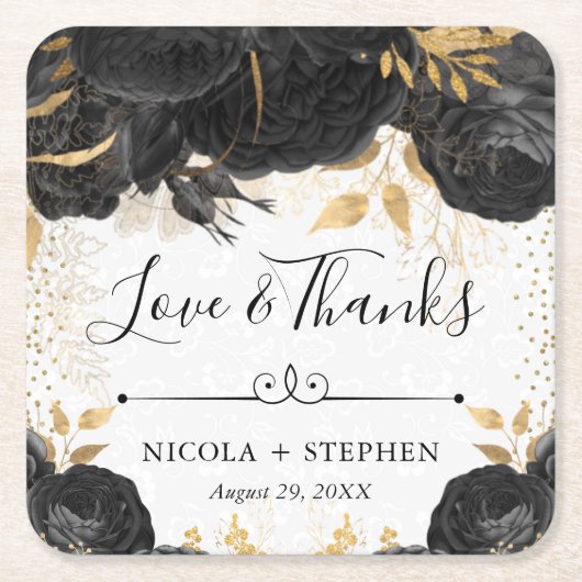 水彩黒花と金ゴールド結婚花 スクエアペーパーコースター (正面)