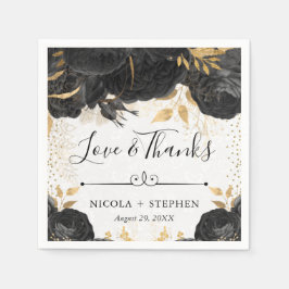 水彩黒花と金ゴールド結婚花 スタンダードカクテルナプキン