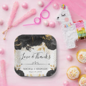 水彩黒花と金ゴールド結婚花 ペーパープレート (パーティー)