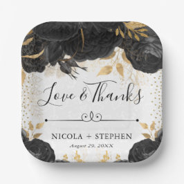 水彩黒花と金ゴールド結婚花 ペーパープレート