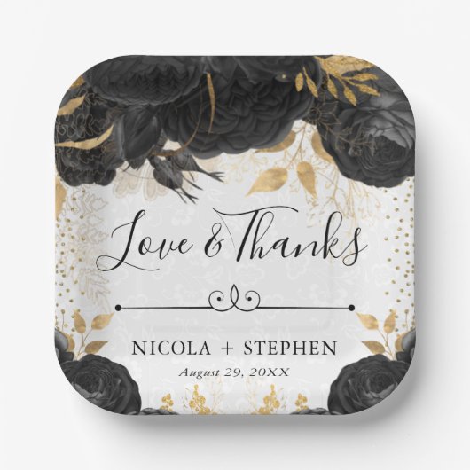水彩黒花と金ゴールド結婚花 ペーパープレート (正面)