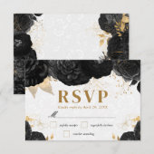 水彩黒花と金ゴールド結婚花 出欠カード (正面/裏面)