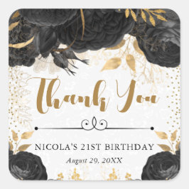 水彩黒花と金ゴールド花誕生日 スクエアシール
