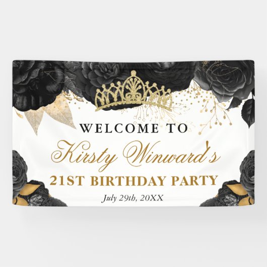 水彩黒花と金ゴールド花誕生日 横断幕 (横)