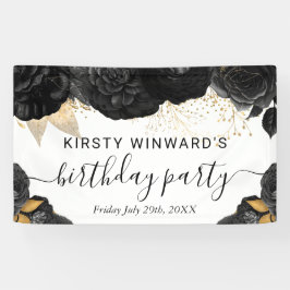 水彩黒花と金ゴールド花誕生日 横断幕