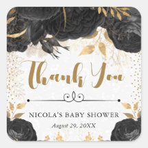 水彩黒花と金ゴールド花赤ちゃんシャワー