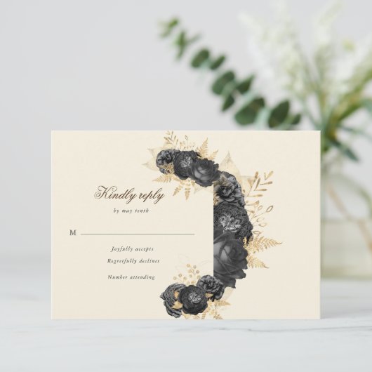 水彩黒薔薇の花モチーフの返信カード 出欠カード (スタンド正面)