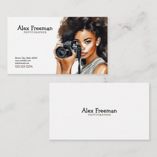 水彩黒褐色の女性フォトグラファー 名刺 (正面/裏面)
