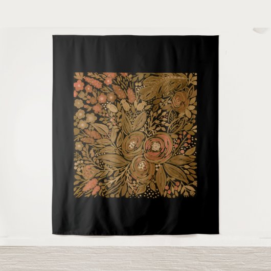 水彩黒褐色の花柄ブラック、ブラウン タペストリー (正面)