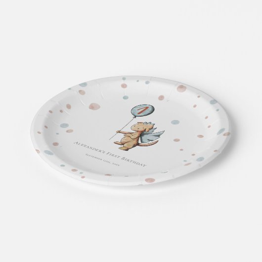 水彩龍の最初の誕生日パーティー ペーパープレート (アングル)