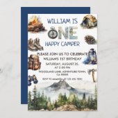 水彩1ハッピーカンパーウッドランド1歳の誕生日 招待状 (正面/裏面)