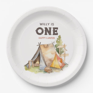 水彩1ハッピーキャンパー1st誕生日パーティー ペーパープレート