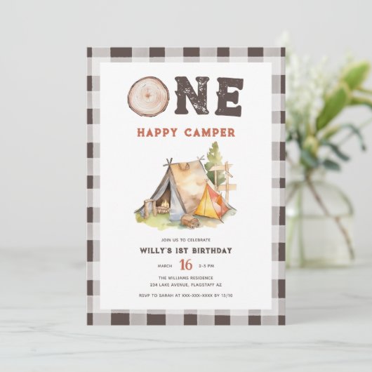 水彩1ハッピーキャンパー1st誕生日 招待状 (スタンド正面)