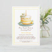 水彩1歳誕生日招待状 - ケーキ黄色 招待状 (スタンド正面)