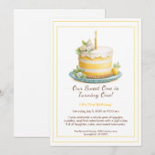 水彩1歳誕生日招待状 - ケーキ黄色 招待状 (正面/裏面)