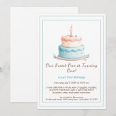 水彩1歳誕生日招待状 ケーキ キャンドル付き 招待状 (正面/裏面)