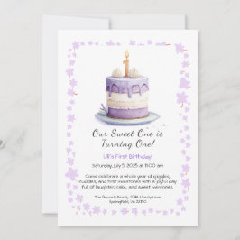 水彩1歳誕生日招待状 ケーキ ラベンダー 招待状