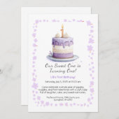 水彩1歳誕生日招待状 ケーキ ラベンダー 招待状 (正面/裏面)