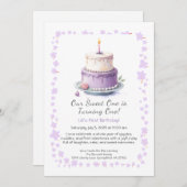 水彩1歳誕生日招待状（ラベンダー色のケーキ付き） 招待状 (正面/裏面)