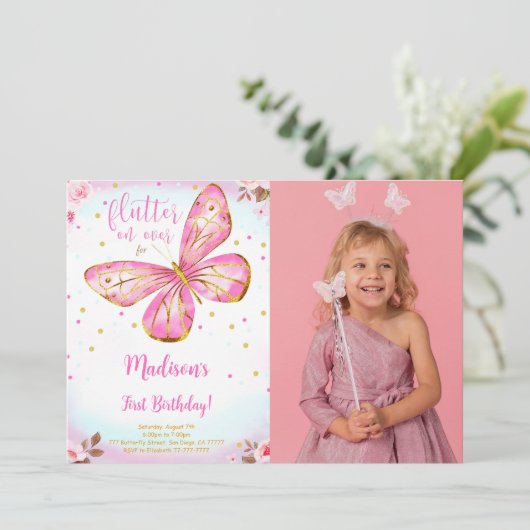 水彩1歳誕生日蝶の写真招待状 招待状 (スタンド正面)