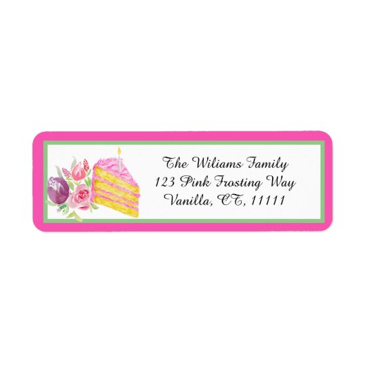 水彩1番目のピンクお誕生日ケーキ住所 シール (正面)
