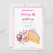 水彩1番目のピンクお誕生日ケーキ（花あり） 招待状 (正面)