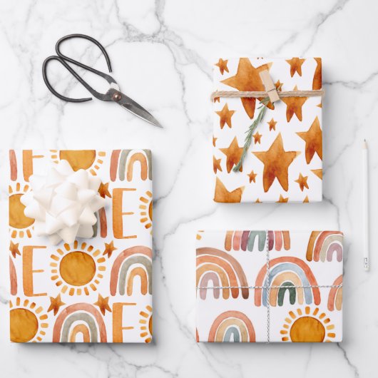 水彩1st誕生日ハッピーデーおもしろいボホ ラッピングペーパーシート (正面)