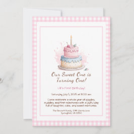 水彩1st誕生日招待状とケーキピンク 招待状